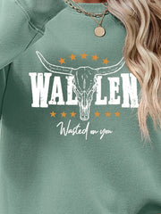 Sage green graphic sweatshirt with bull skull and stars, crewneck, drop shoulder, 100% polyester