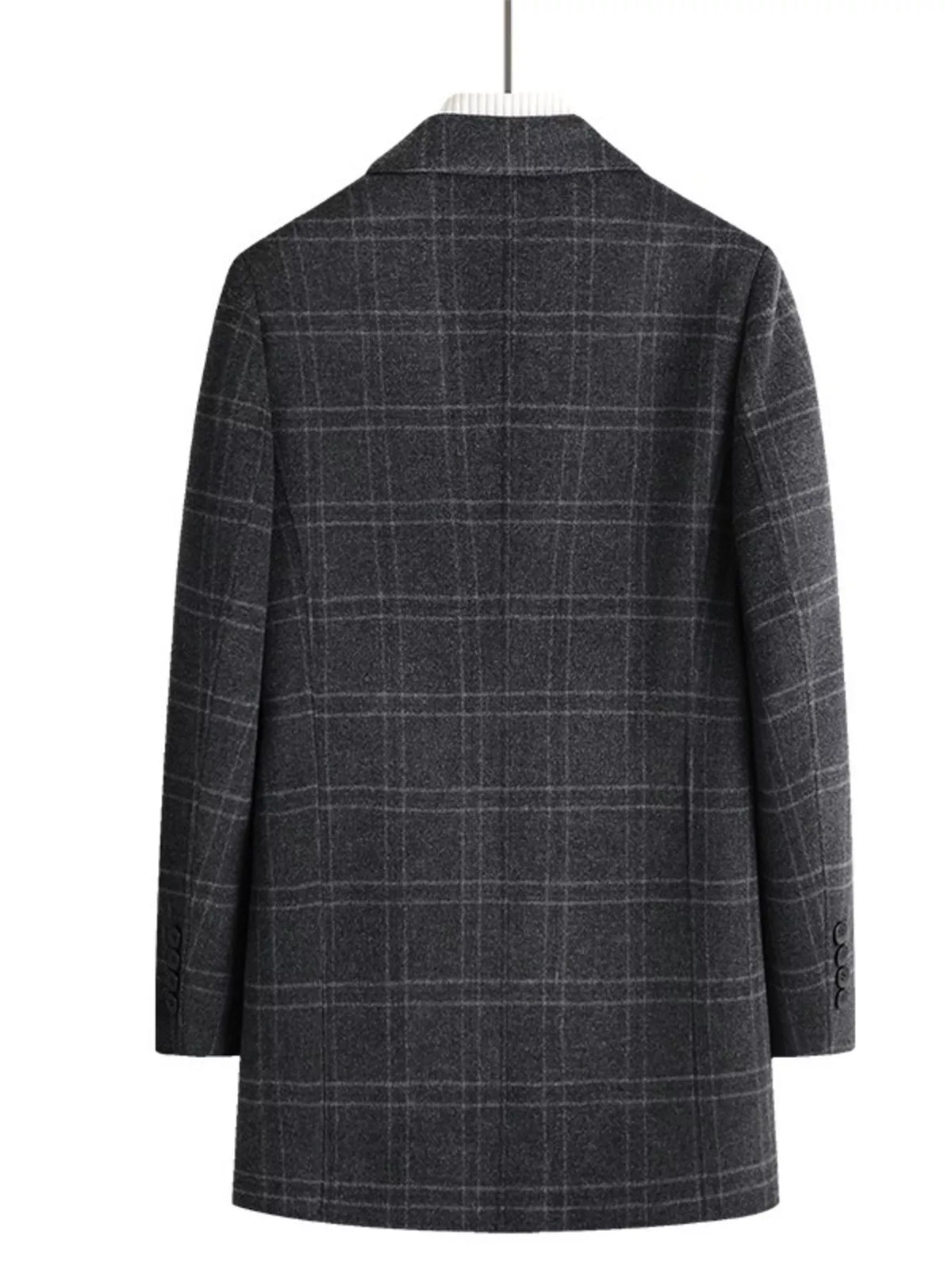 Men's dark gray plaid wool blend overcoat with buttoned cuffs.