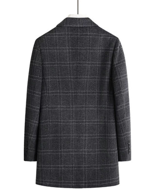 Men's dark gray plaid wool blend overcoat with buttoned cuffs.