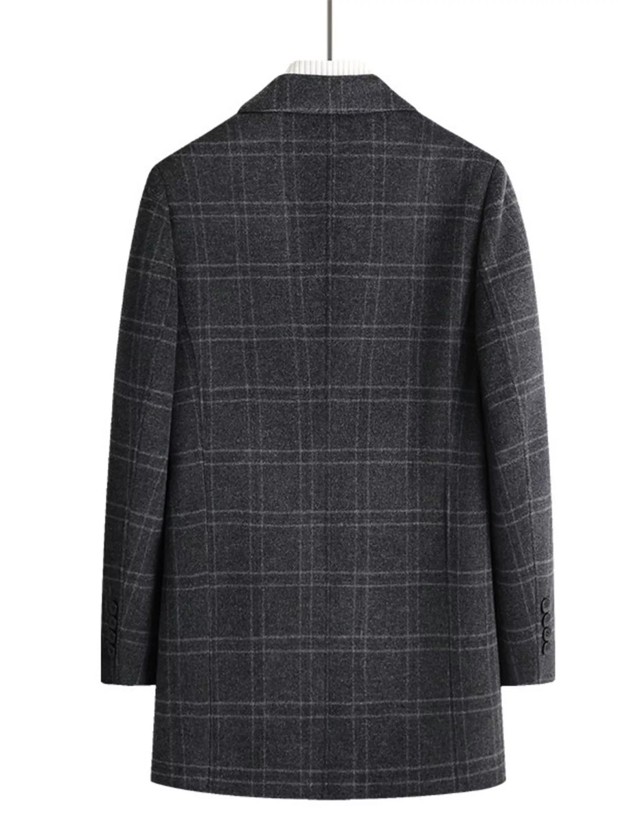 Men's dark gray plaid wool blend overcoat with buttoned cuffs.