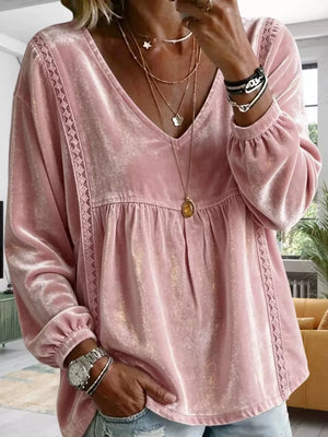 Velvet Lace Detail V-neck Blouse Plus Size in Gray