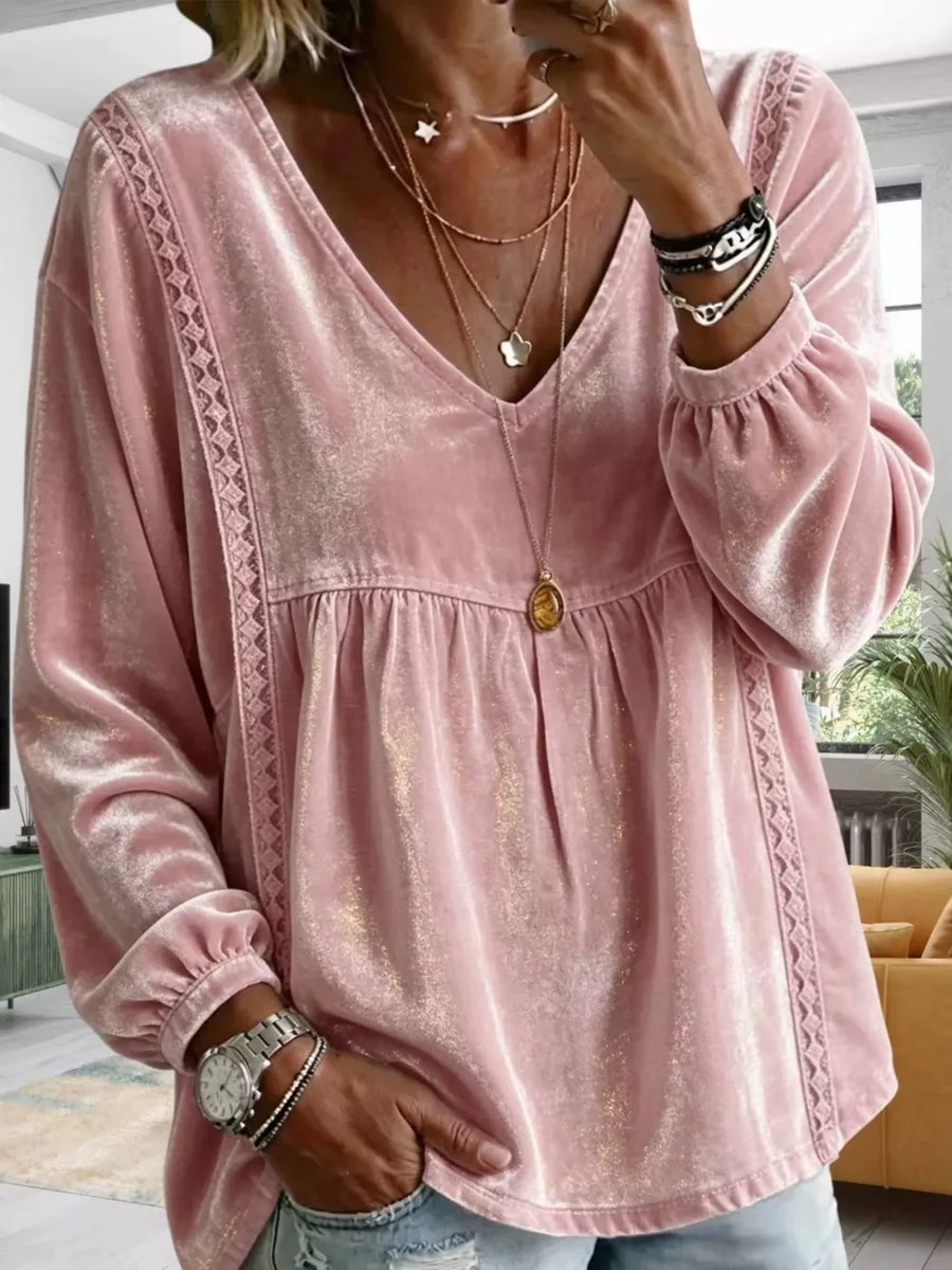 Velvet Lace Detail V-neck Blouse Plus Size in Gray