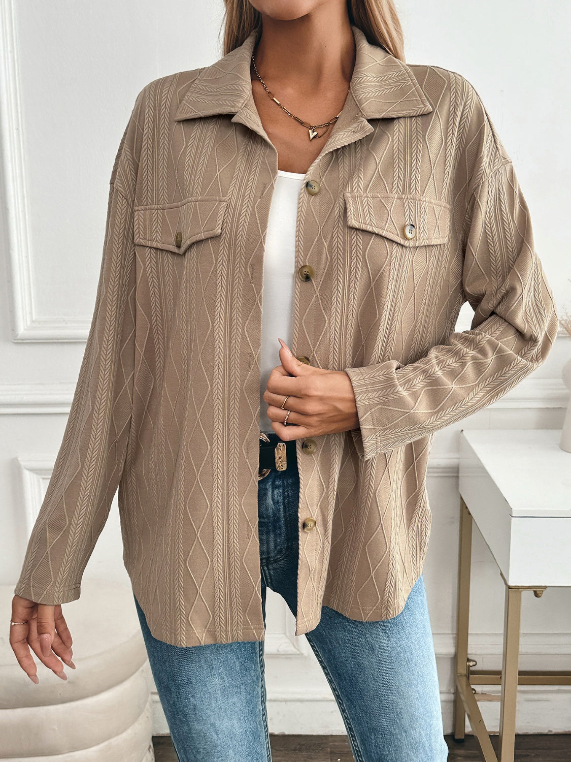 Camel textured diamond weave utility jacket with buttoned pockets and collar
