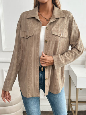 Camel textured diamond weave utility jacket with buttoned pockets and collar