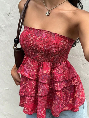Smocked Layered Paisley Print Tube Top option 5