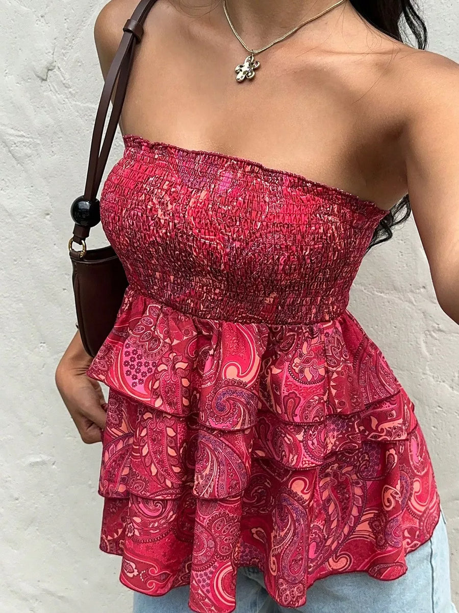 Smocked Layered Paisley Print Tube Top option 5