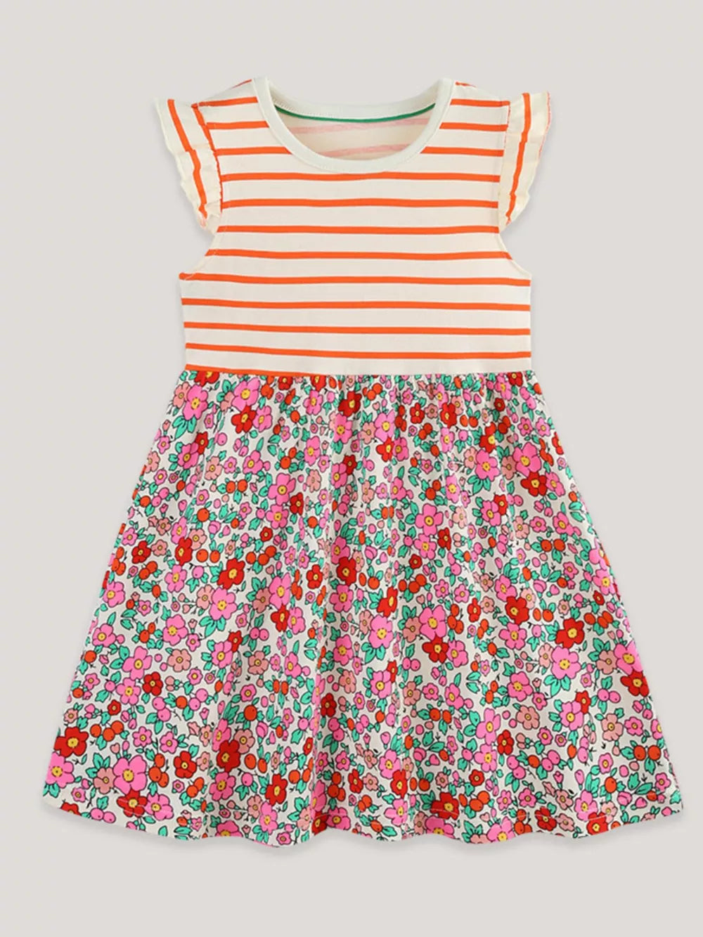 Baby dress with orange stripes on top and floral print skirt, featuring ruffle sleeves.