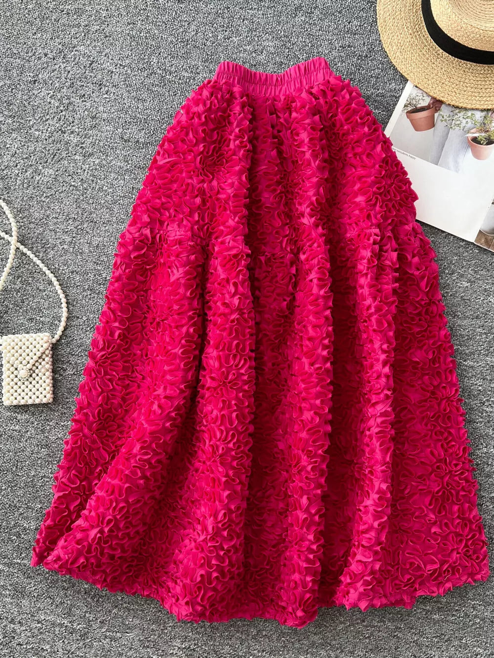 Black Elegant 3d Lace Trim High-waist Midi Skirt