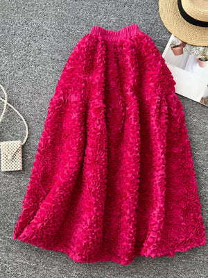 Black Elegant 3d Lace Trim High-waist Midi Skirt