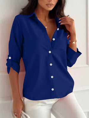 button-down shirt in Black with roll-tab sleeves and hip-length
