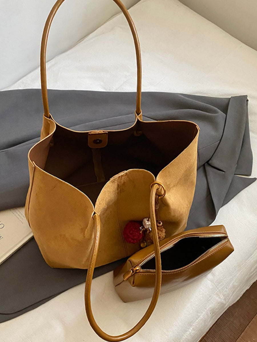 Suede Imported Size &amp tote in camel with boxy silhouette