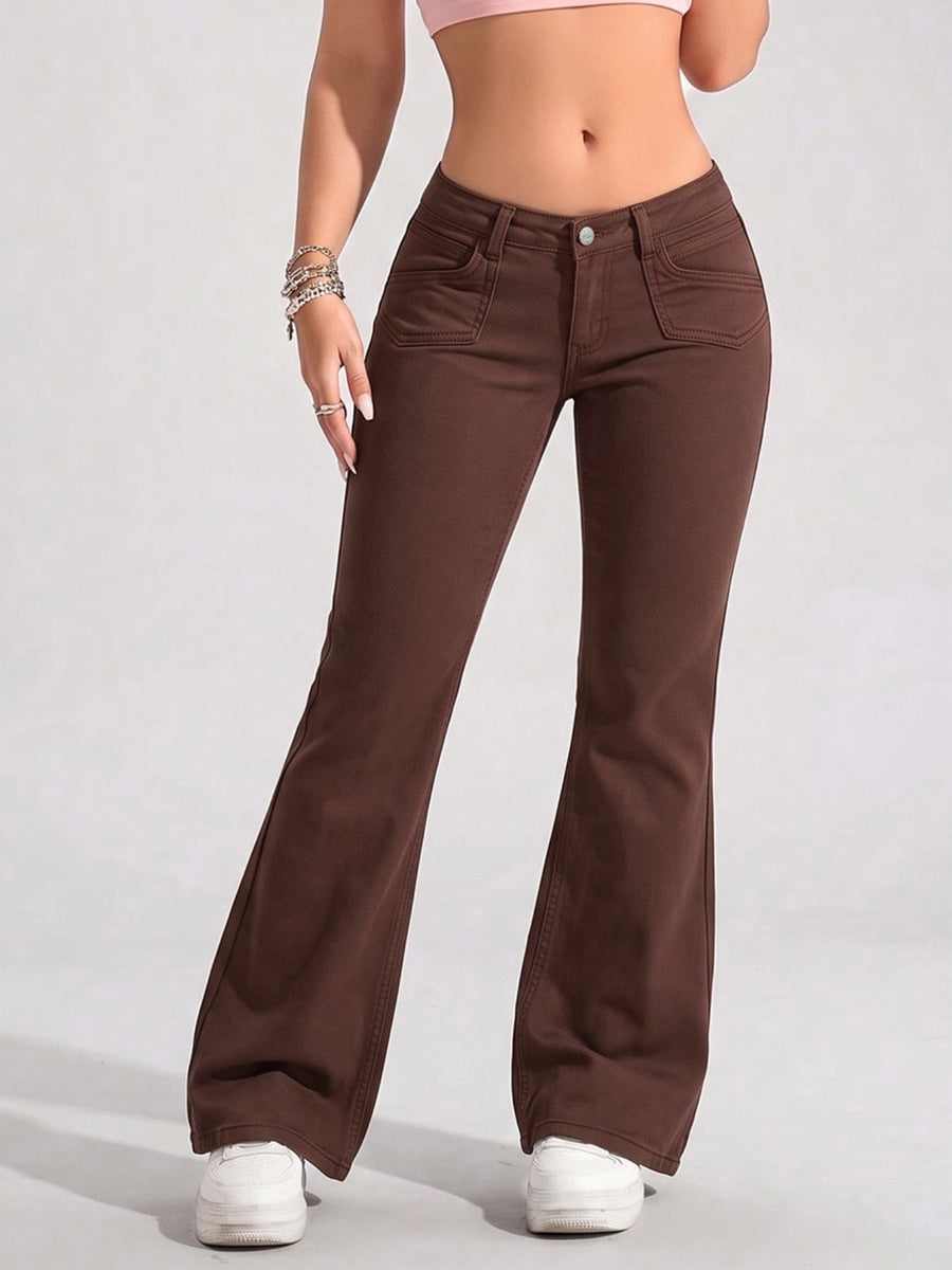 85% cotton, 15% polyester Care instructions: Machine wash cold flare jeans in chocolate brown with flared silhouette