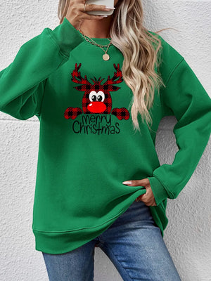 Green crewneck sweatshirt with plaid reindeer and Merry Christmas graphic.