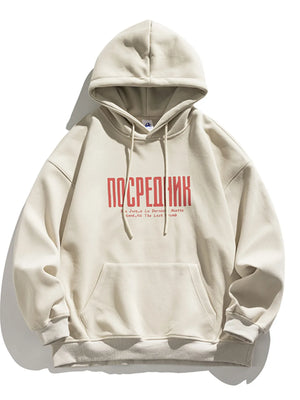 Casual cream cotton hoodie with red graphic text and drawstring hood.