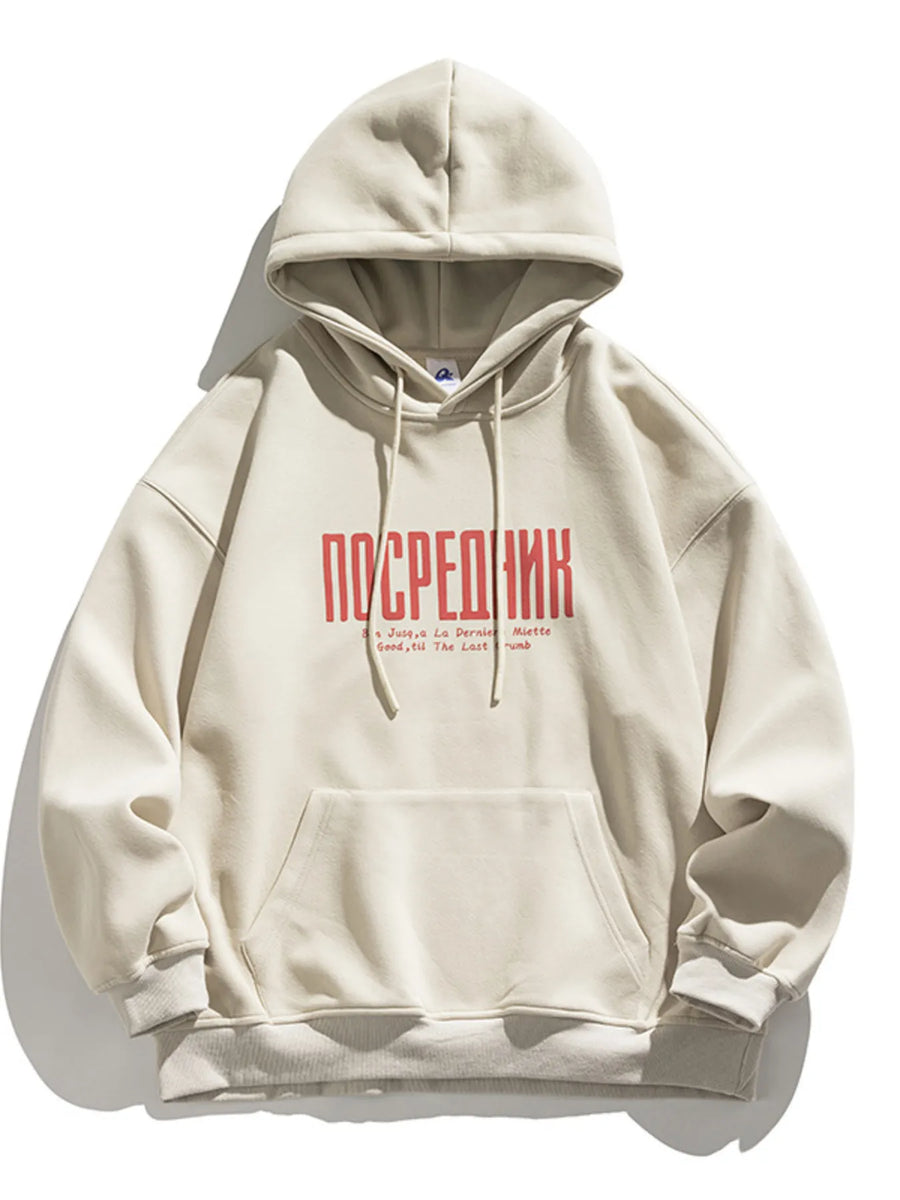 Casual cream cotton hoodie with red graphic text and drawstring hood.