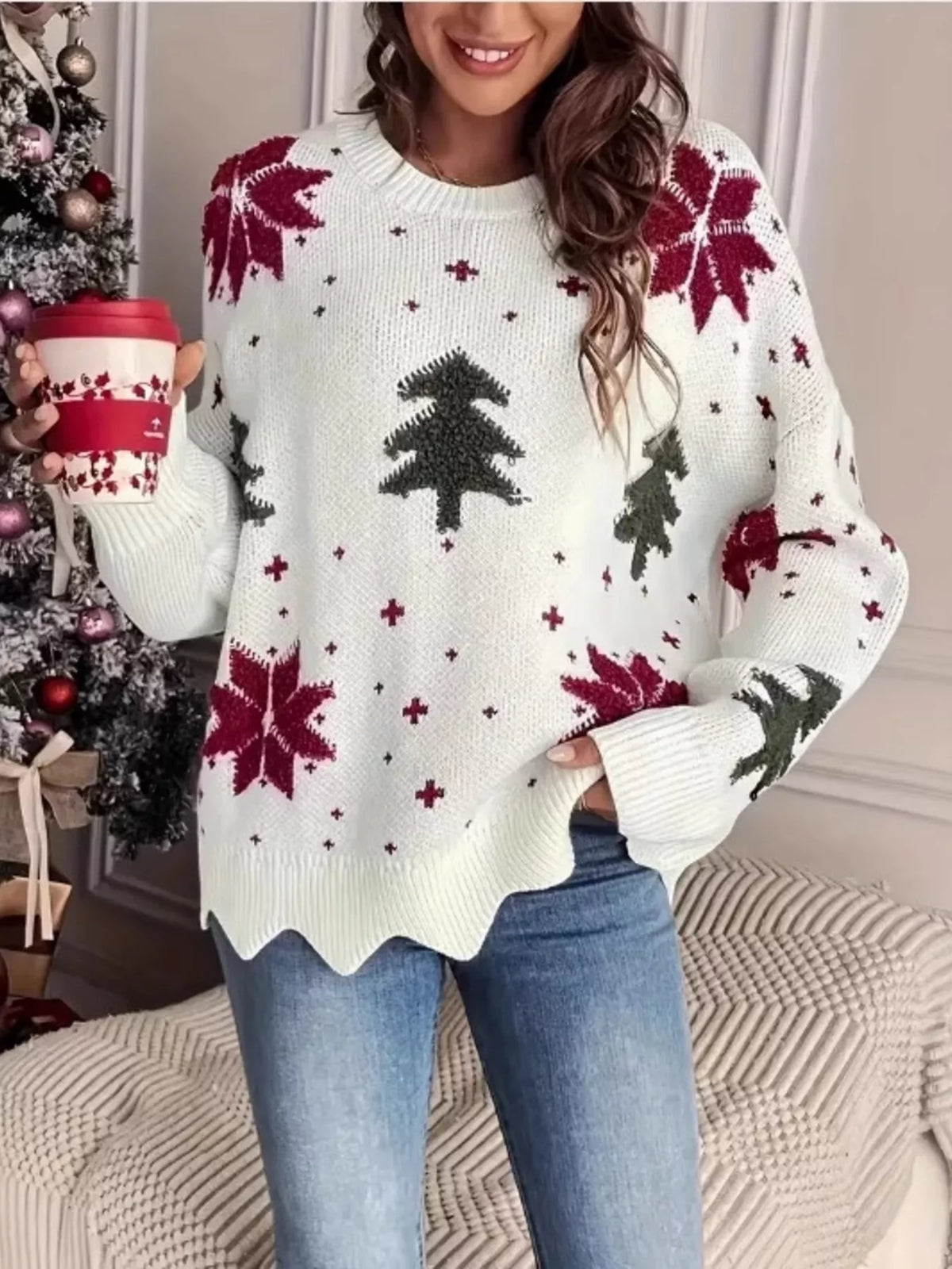 White Christmas tree sweater with snowflake pattern and scalloped hem