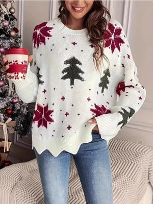 White Christmas tree sweater with snowflake pattern and scalloped hem