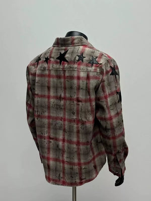 beige button-up shirt featuring chest pocket and plaid
