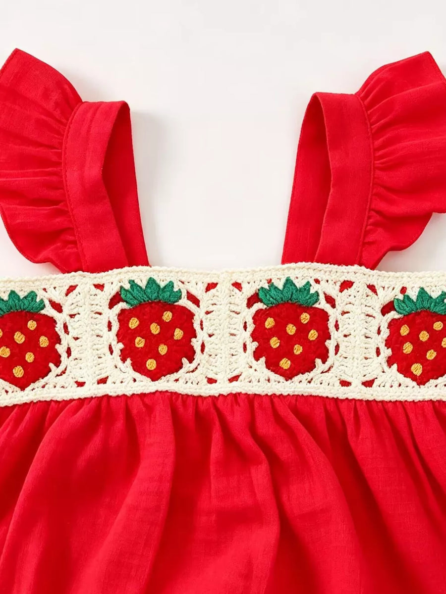 Red with Children's Strawberry Crochet Trim Top & Denim Shorts Set