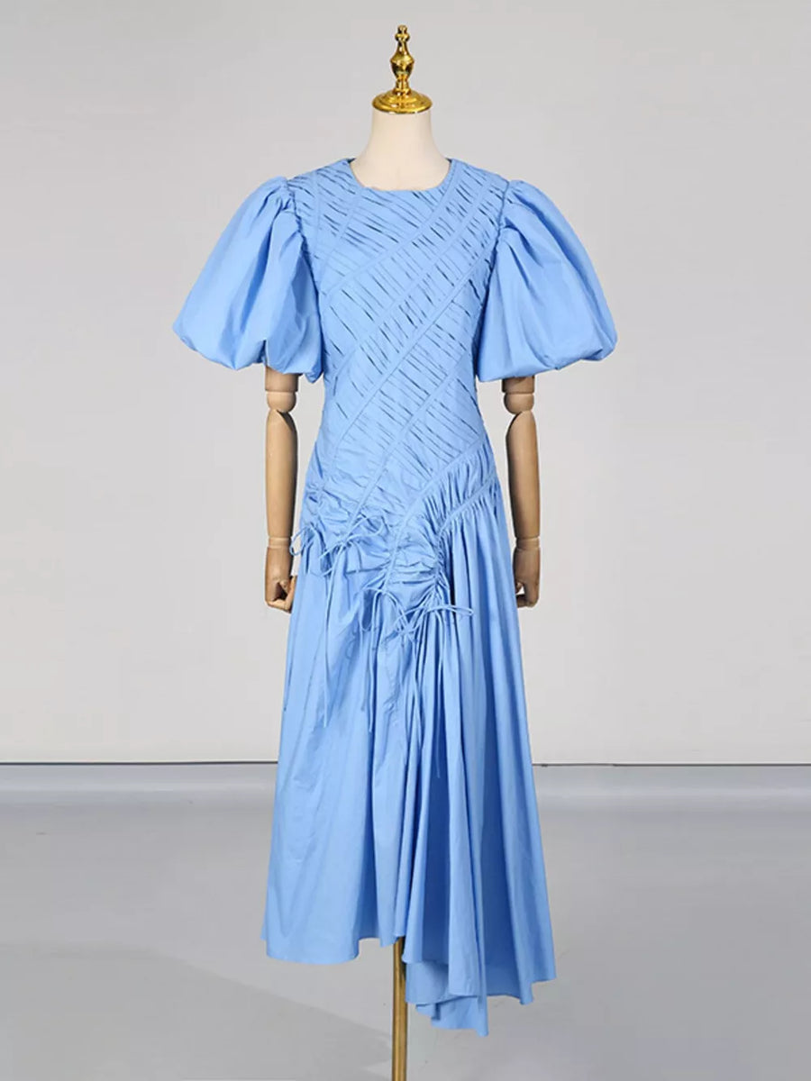 Green Puff Sleeve Ruched Midi Dress