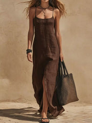 maxi dress in Brown with square neck and spaghetti strap