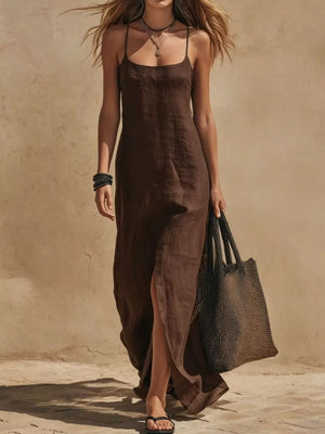 maxi dress in Brown with square neck and spaghetti strap