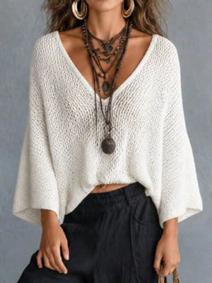 White V-neck Batwing Sleeve Sweater
