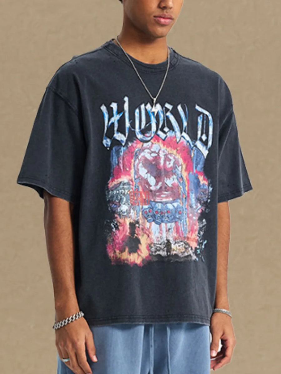 Black oversized graphic tee with distressed details and bold imagery.