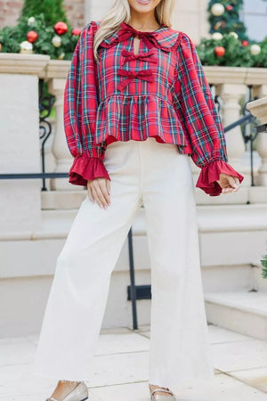 Plaid Tie Neck Ruffle Cuffs Blouse option 3
