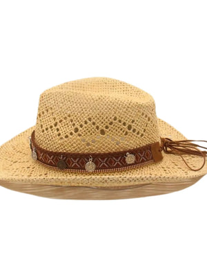 Women's woven straw cowboy hat in ivory with a decorative brown band and fringe detail.