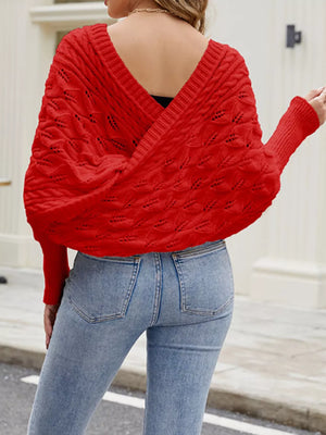 Red Cable Knit Batwing Sleeve Sweater