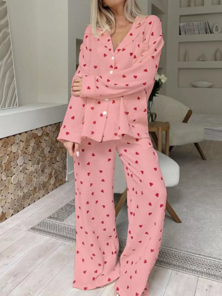 pajama set in red with heart print and buttoned