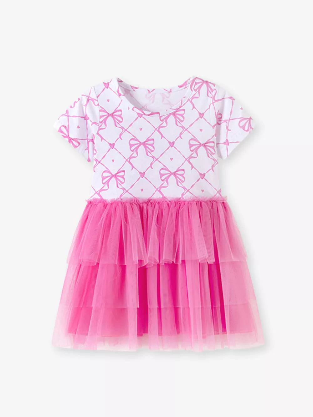 Baby dress with pink bow pattern on white top and tiered pink tulle skirt.