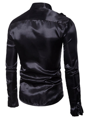 Men's black satin button-down shirt with ruffle cuffs