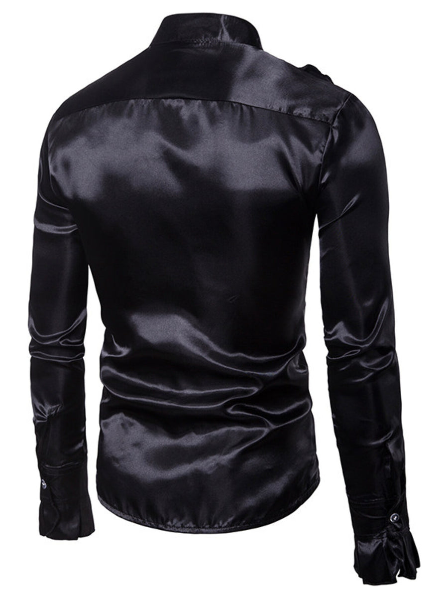 Men's black satin button-down shirt with ruffle cuffs
