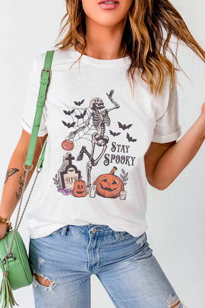 white t-shirt with graphic-print and crew neck