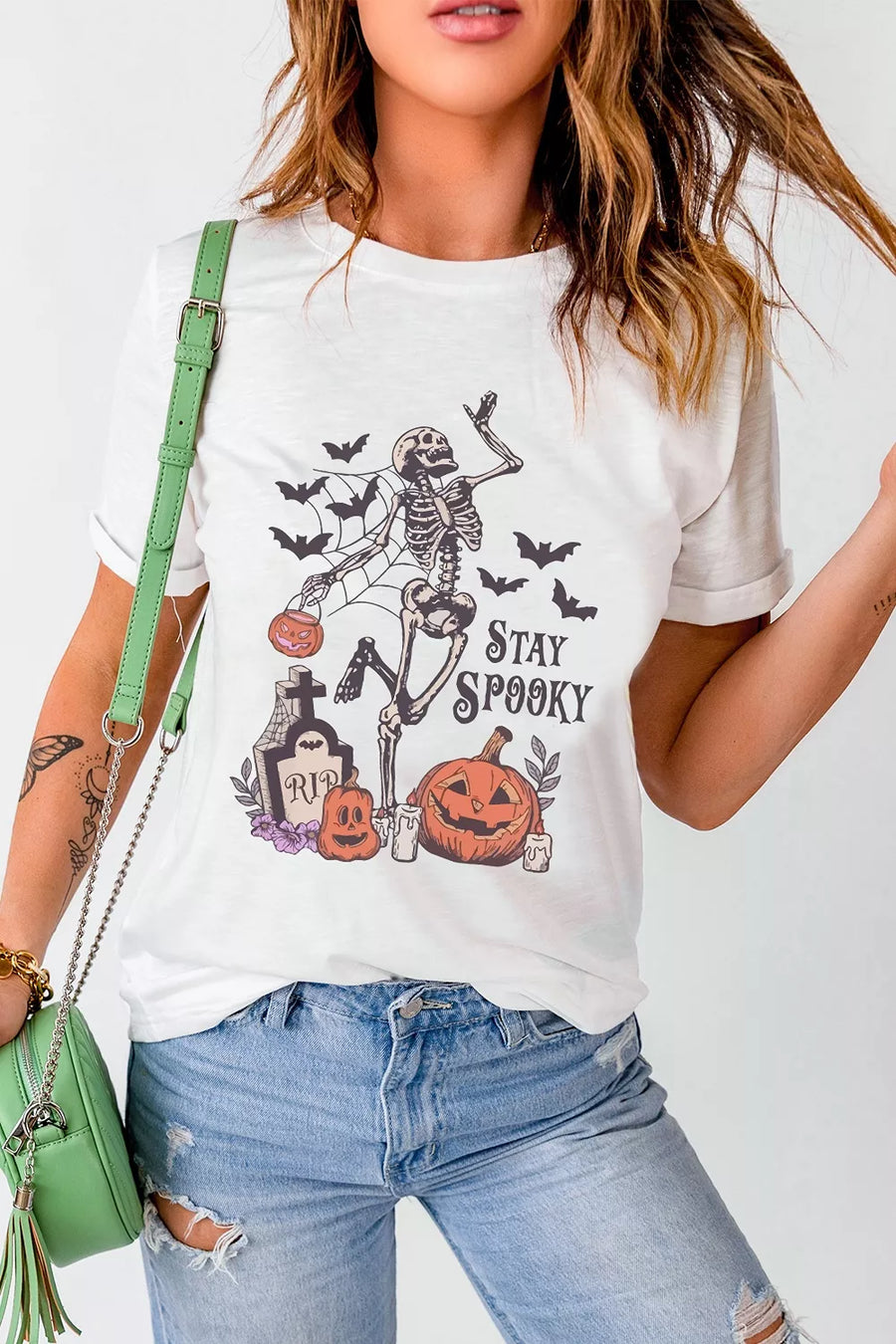 white t-shirt with graphic-print and crew neck