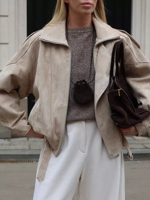 Beige oversized moto jacket with collared