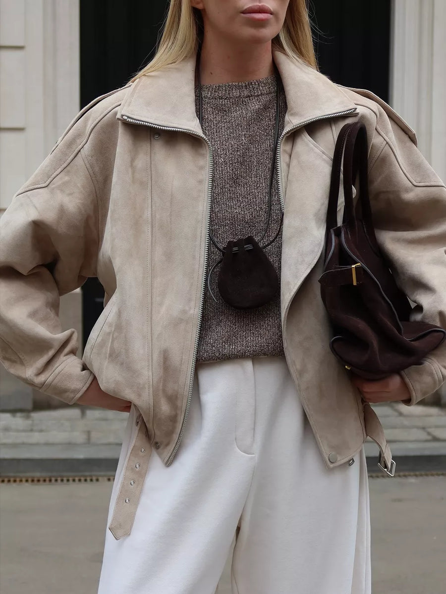Beige oversized moto jacket with collared
