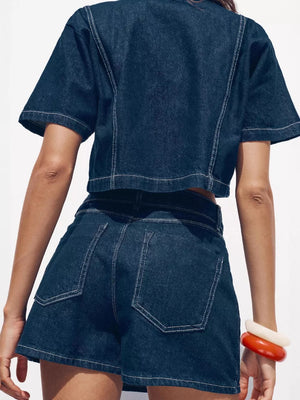 Dark blue cotton cropped top and skort set with contrast stitching.