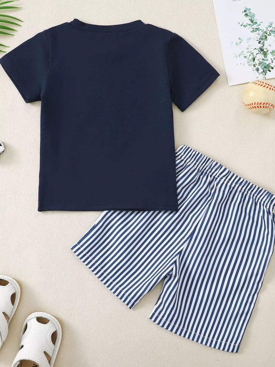 Baby navy tee and striped shorts set with baseball detail.