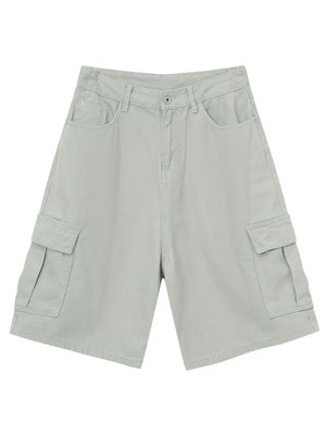 Gray baggy cargo bermuda shorts with button closure and side pockets.