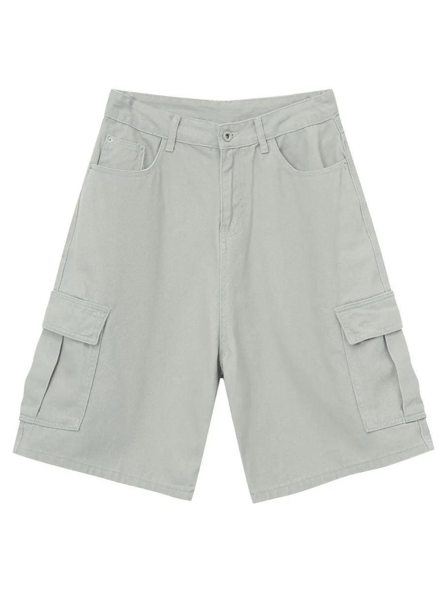 Gray baggy cargo bermuda shorts with button closure and side pockets.