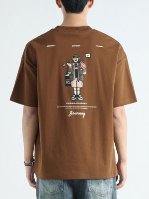 Men's coffee cotton t-shirt with graphic print and round neck.