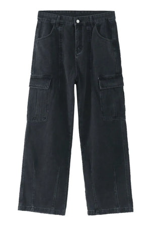 Dark wash wide-leg denim cargo trousers with multiple pockets and a relaxed fit.