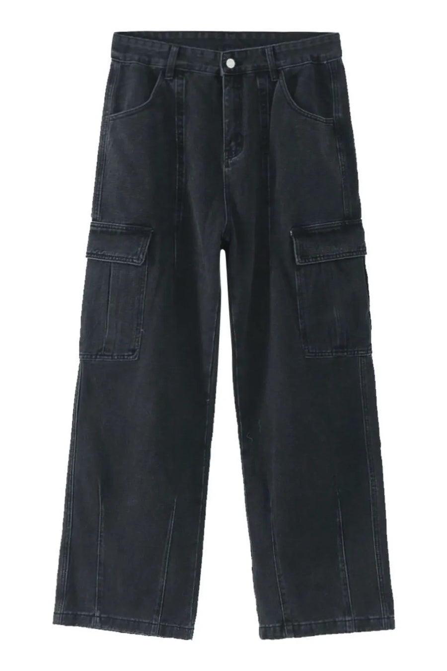 Dark wash wide-leg denim cargo trousers with multiple pockets and a relaxed fit.