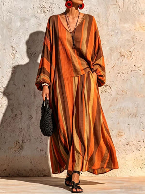 black two-piece set with v-neck and bishop sleeve