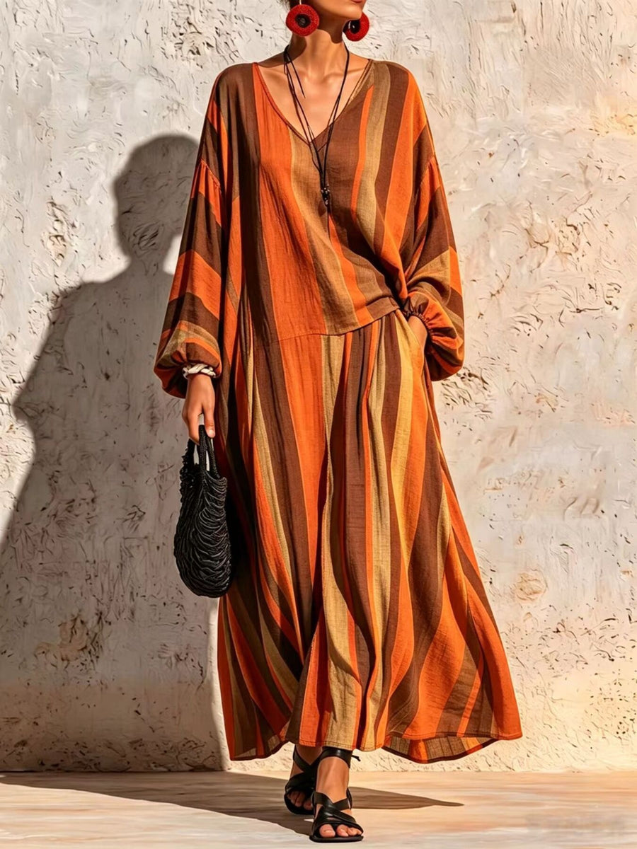black two-piece set with v-neck and bishop sleeve