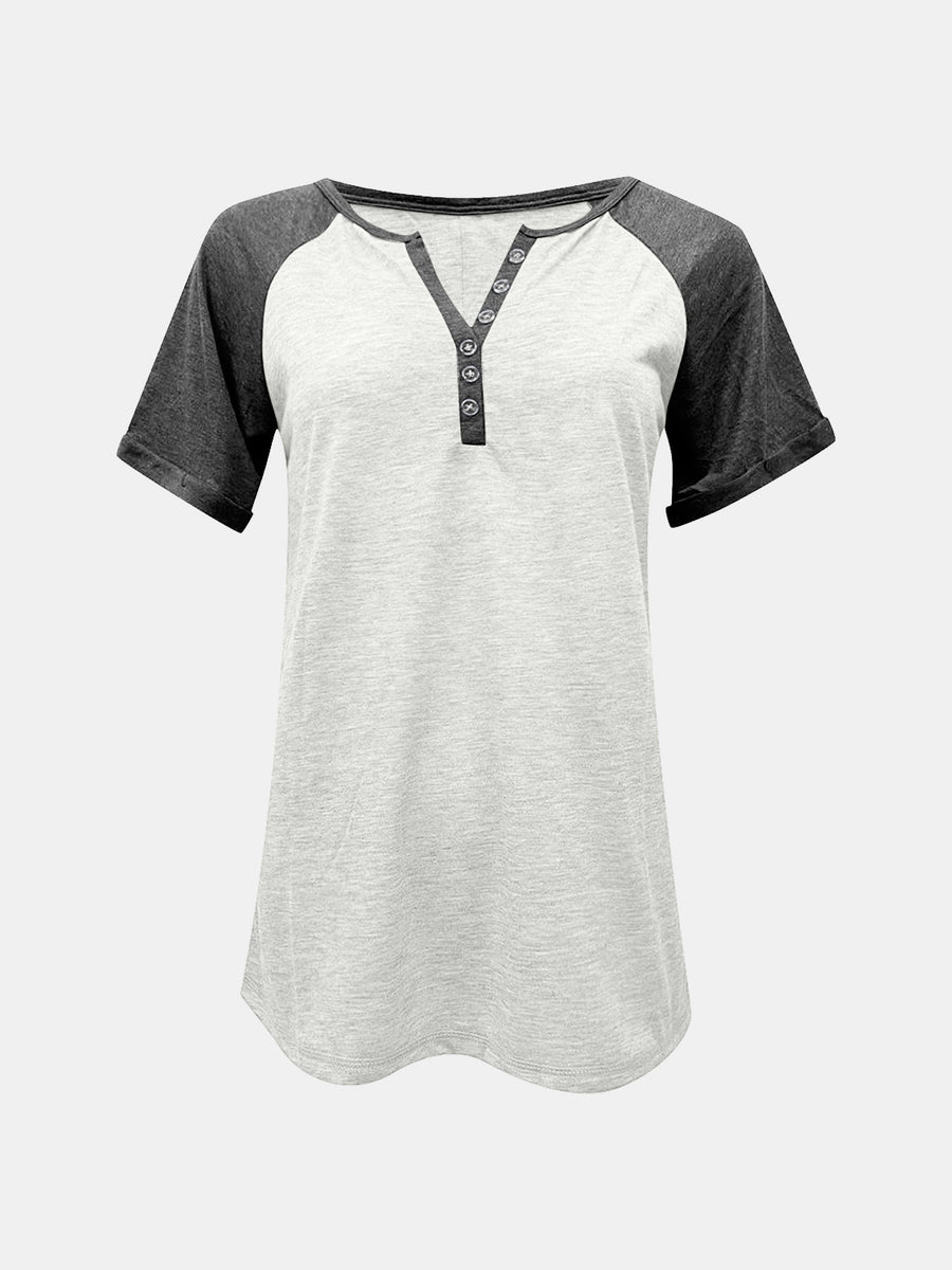 Raglan sleeve henley tee in light gray with dark gray sleeves and button detail