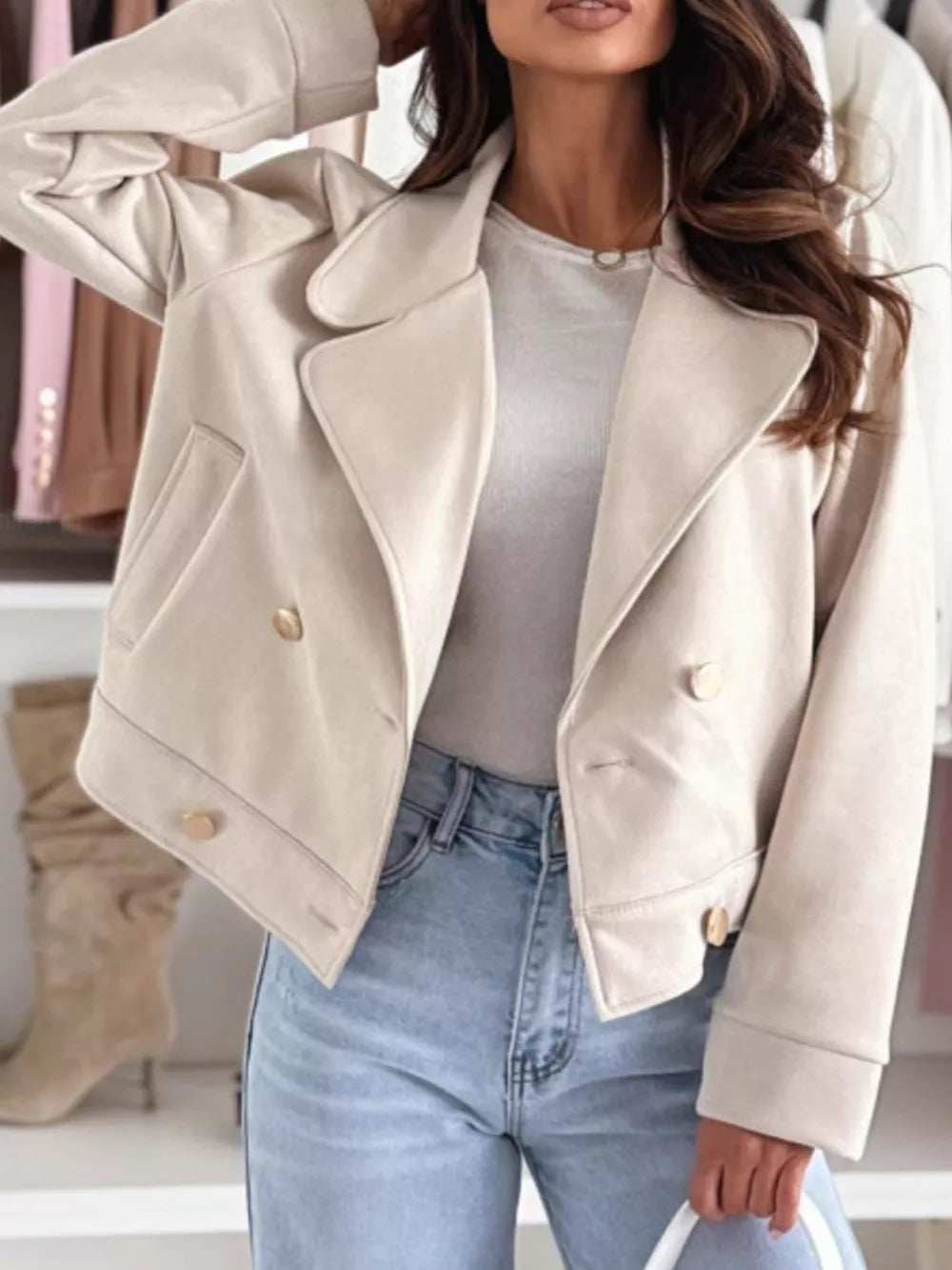 Pastel Blue Chic Double-breasted Cropped Jacket